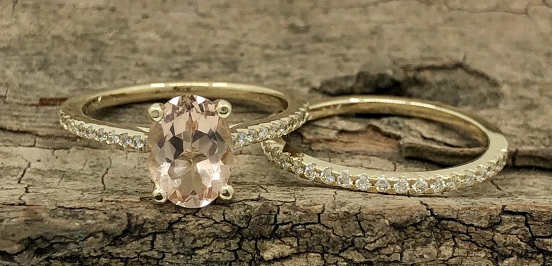 Oval Morganite Engagement Ring Yellow Gold, Oval Cut Morganite Bridal Set, Morganite Ring, Morganite Bridal Set, Diamond Wedding Set