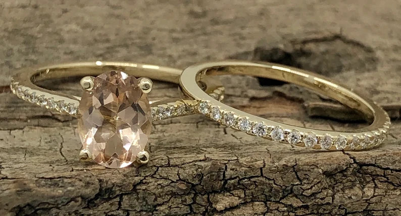 Oval Morganite Engagement Ring Yellow Gold, Oval Cut Morganite Bridal Set, Morganite Ring, Morganite Bridal Set, Diamond Wedding Set