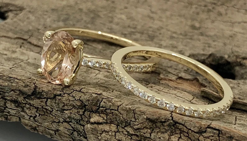 Oval Morganite Engagement Ring Yellow Gold, Oval Cut Morganite Bridal Set, Morganite Ring, Morganite Bridal Set, Diamond Wedding Set