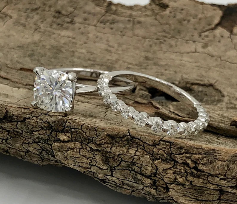 Cushion Cut Engagement Ring Set 14k White Gold, Cushion Cut Moissanite Bridal Set, Forever One Moissanite Ring, Diamond Wedding Ring Set