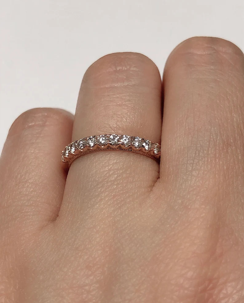 Rose Gold Wedding Band, 14k Rose Gold Diamond Band, Diamond Wedding Band, Diamond Wedding Band, Milgrain Band, Stackable Band