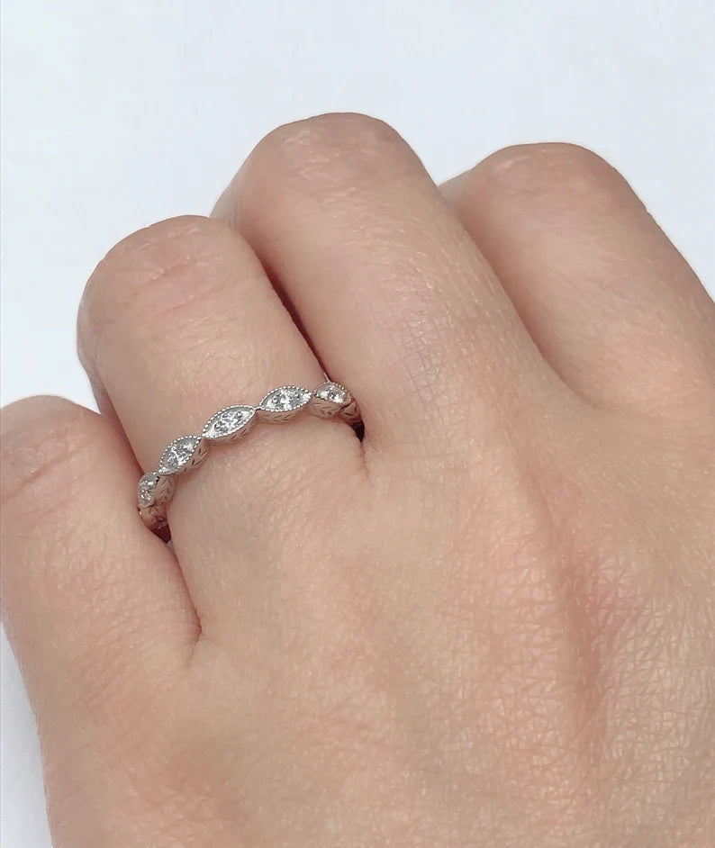 14k White Gold Diamond Ring, Beaded Milgrain with Vintage Engraved Leaves Wide Knife Edge Almost Eternity Band, Diamond Band