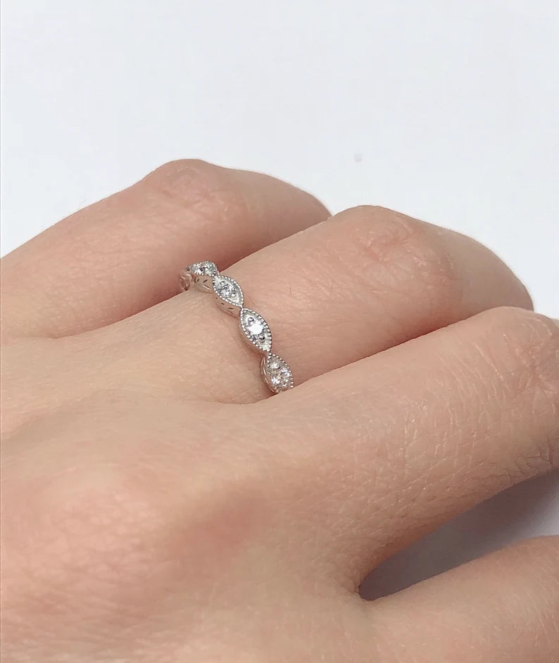 14k White Gold Diamond Ring, Beaded Milgrain with Vintage Engraved Leaves Wide Knife Edge Almost Eternity Band, Diamond Band