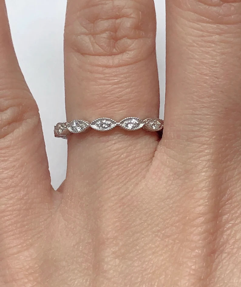 14k White Gold Diamond Ring, Beaded Milgrain with Vintage Engraved Leaves Wide Knife Edge Almost Eternity Band, Diamond Band