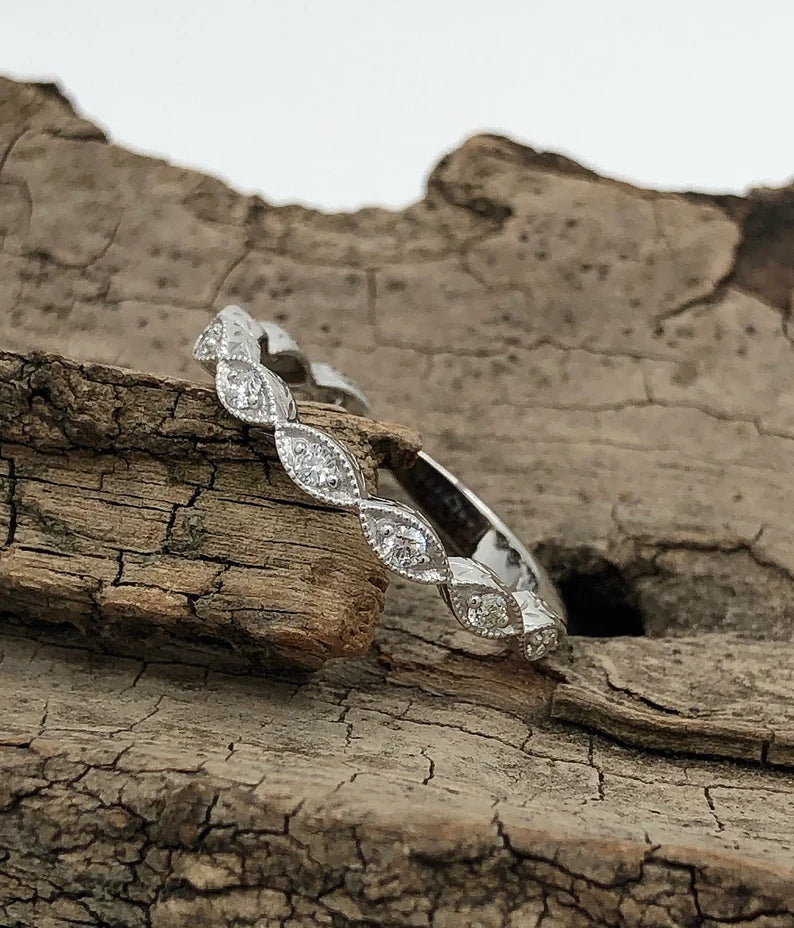 14k White Gold Diamond Ring, Beaded Milgrain with Vintage Engraved Leaves Wide Knife Edge Almost Eternity Band, Diamond Band