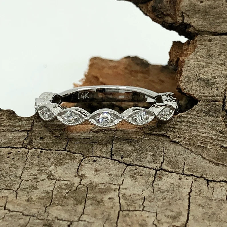 14k White Gold Diamond Ring, Beaded Milgrain with Vintage Engraved Leaves Wide Knife Edge Almost Eternity Band, Diamond Band