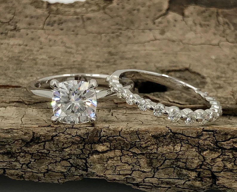 Cushion Cut Engagement Ring Set 14k White Gold, Cushion Cut Moissanite Bridal Set, Forever One Moissanite Ring, Diamond Wedding Ring Set