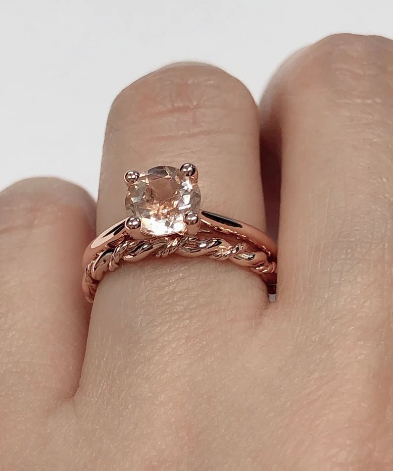 Rose Gold Morganite Engagement Ring 14k Solid Gold, Morganite Solitaire Ring, Morganite Wedding Ring, Morganite Bridal Ring, Wedding Set