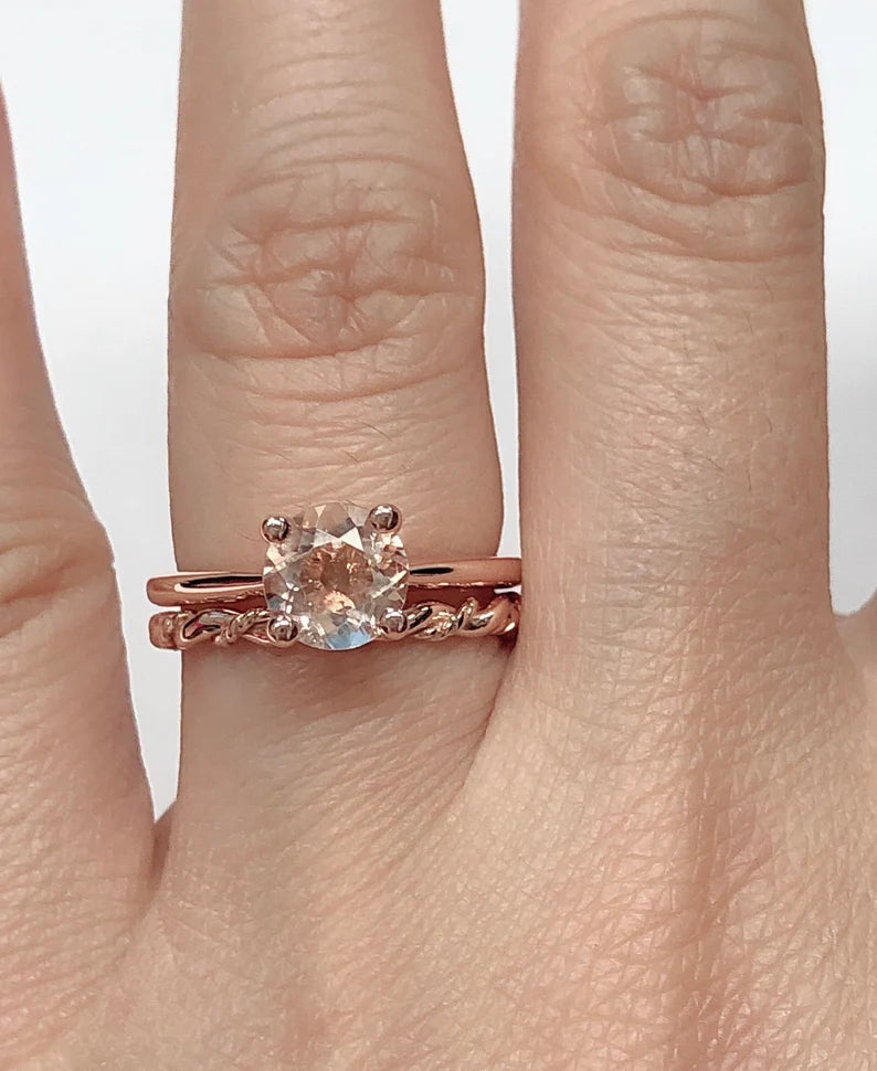 Rose Gold Morganite Engagement Ring 14k Solid Gold, Morganite Solitaire Ring, Morganite Wedding Ring, Morganite Bridal Ring, Wedding Set