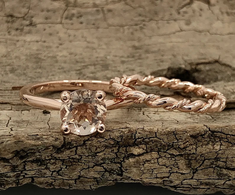 Rose Gold Morganite Engagement Ring 14k Solid Gold, Morganite Solitaire Ring, Morganite Wedding Ring, Morganite Bridal Ring, Wedding Set