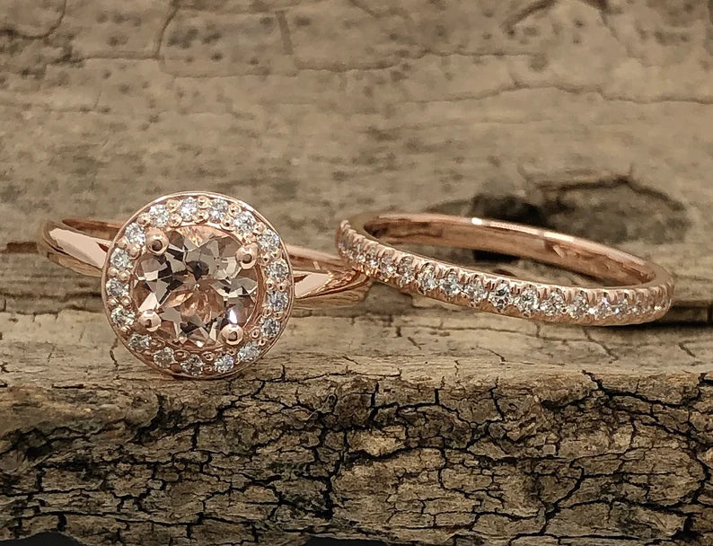 Morganite Engagement Ring Set Rose Gold, Morganite Round Engagement Ring, 14k Rose Gold Morganite Bridal Set, Morganite Ring Set, Diamond Set