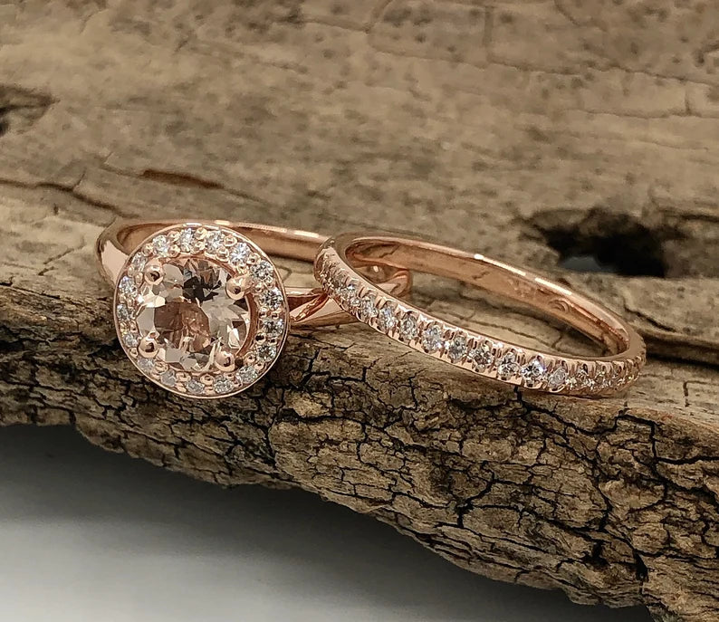 Morganite Engagement Ring Set Rose Gold, Morganite Round Engagement Ring, 14k Rose Gold Morganite Bridal Set, Morganite Ring Set, Diamond Set