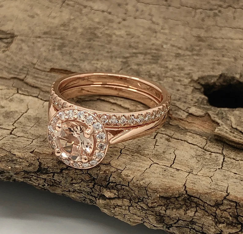 Morganite Engagement Ring Set Rose Gold, Morganite Round Engagement Ring, 14k Rose Gold Morganite Bridal Set, Morganite Ring Set, Diamond Set