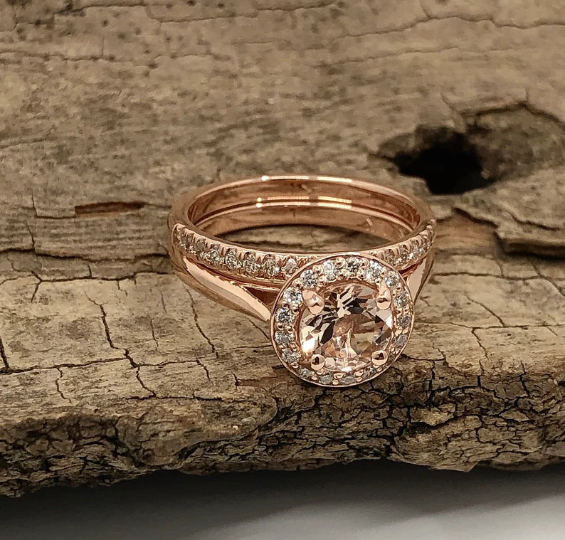 Morganite Engagement Ring Set Rose Gold, Morganite Round Engagement Ring, 14k Rose Gold Morganite Bridal Set, Morganite Ring Set, Diamond Set