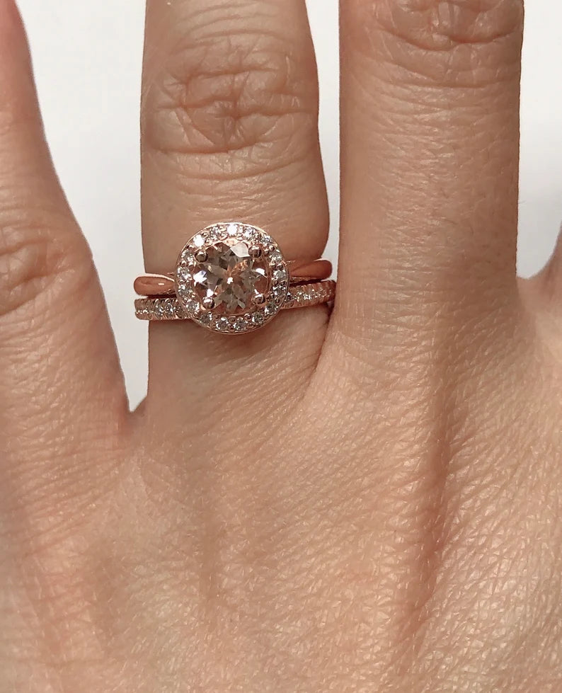 Morganite Engagement Ring Set Rose Gold, Morganite Round Engagement Ring, 14k Rose Gold Morganite Bridal Set, Morganite Ring Set, Diamond Set