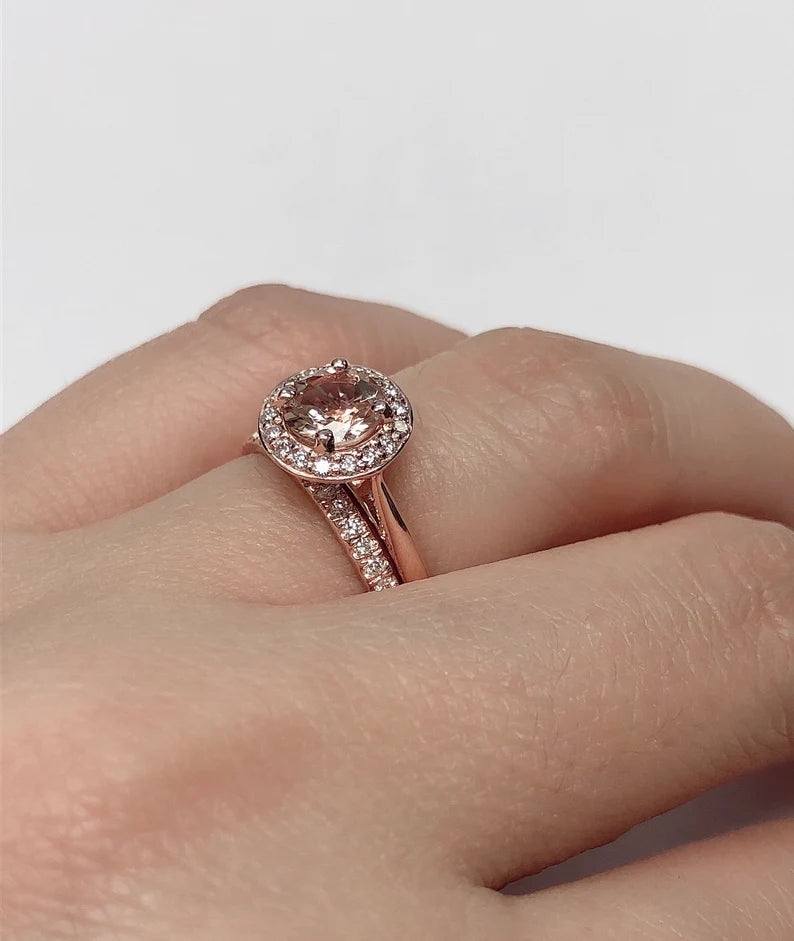 Morganite Engagement Ring Set Rose Gold, Morganite Round Engagement Ring, 14k Rose Gold Morganite Bridal Set, Morganite Ring Set, Diamond Set