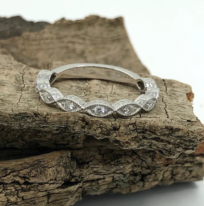 14k White Gold Diamond Ring, Beaded Milgrain with Vintage Engraved Leaves Wide Knife Edge Almost Eternity Band, Diamond Band