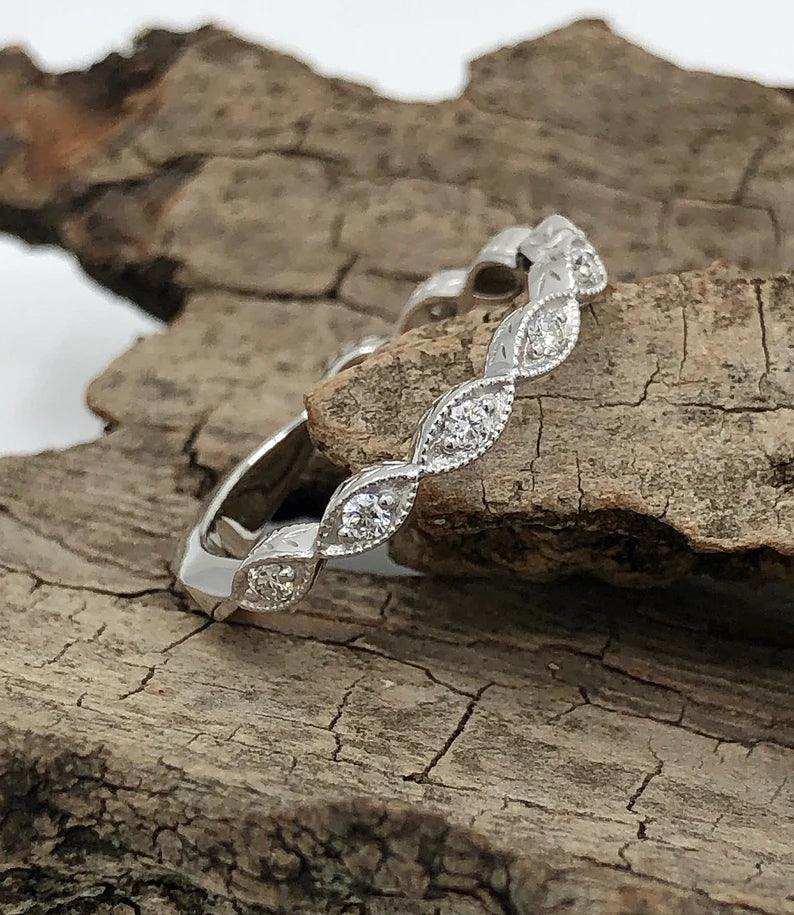 14k White Gold Diamond Ring, Beaded Milgrain with Vintage Engraved Leaves Wide Knife Edge Almost Eternity Band, Diamond Band