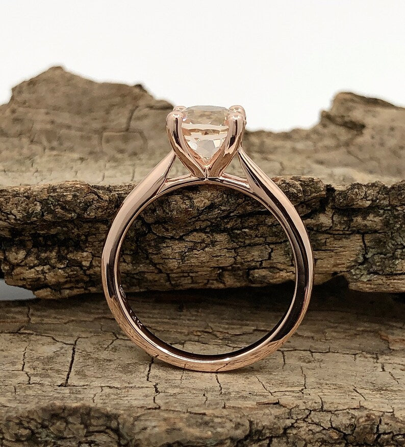 Round Morganite Bridal Set in 14k Rose Gold, Round Morganite Solitaire Ring, Rose Gold Wedding Set, Round Cut Morganite, Plain Wedding Band