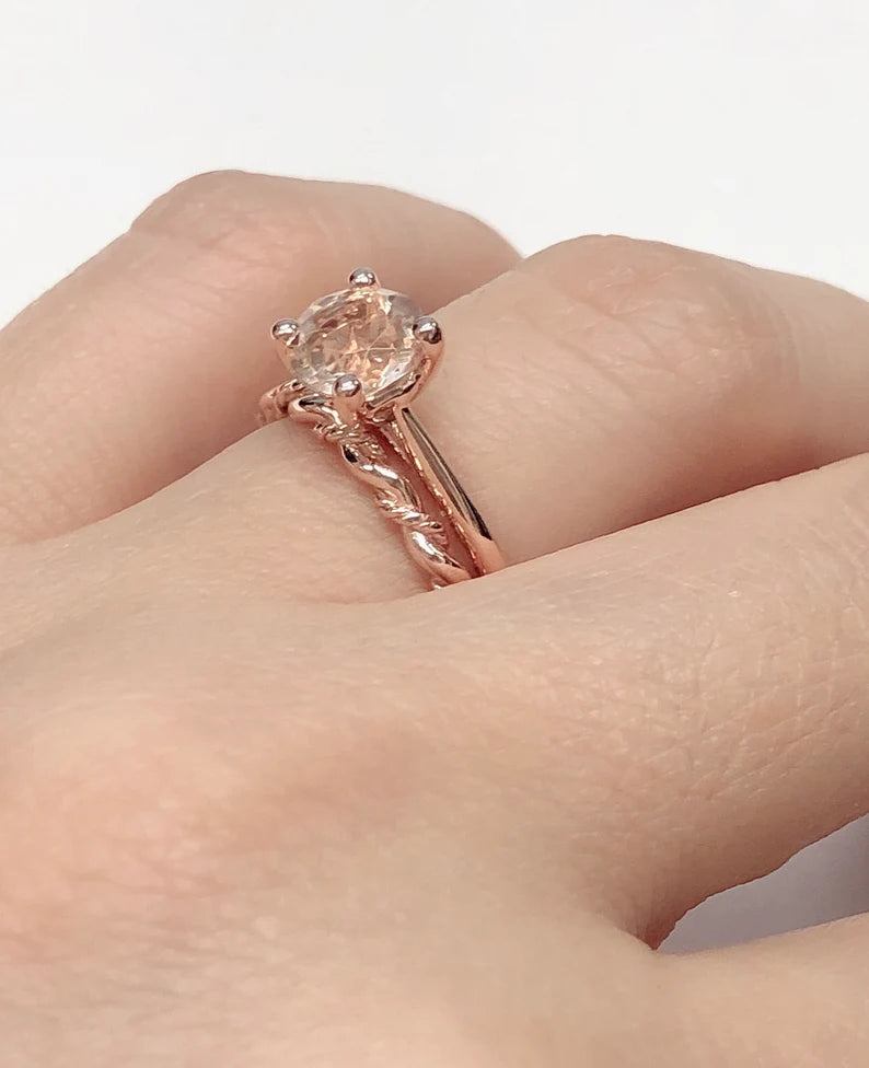 Rose Gold Morganite Engagement Ring 14k Solid Gold, Morganite Solitaire Ring, Morganite Wedding Ring, Morganite Bridal Ring, Wedding Set