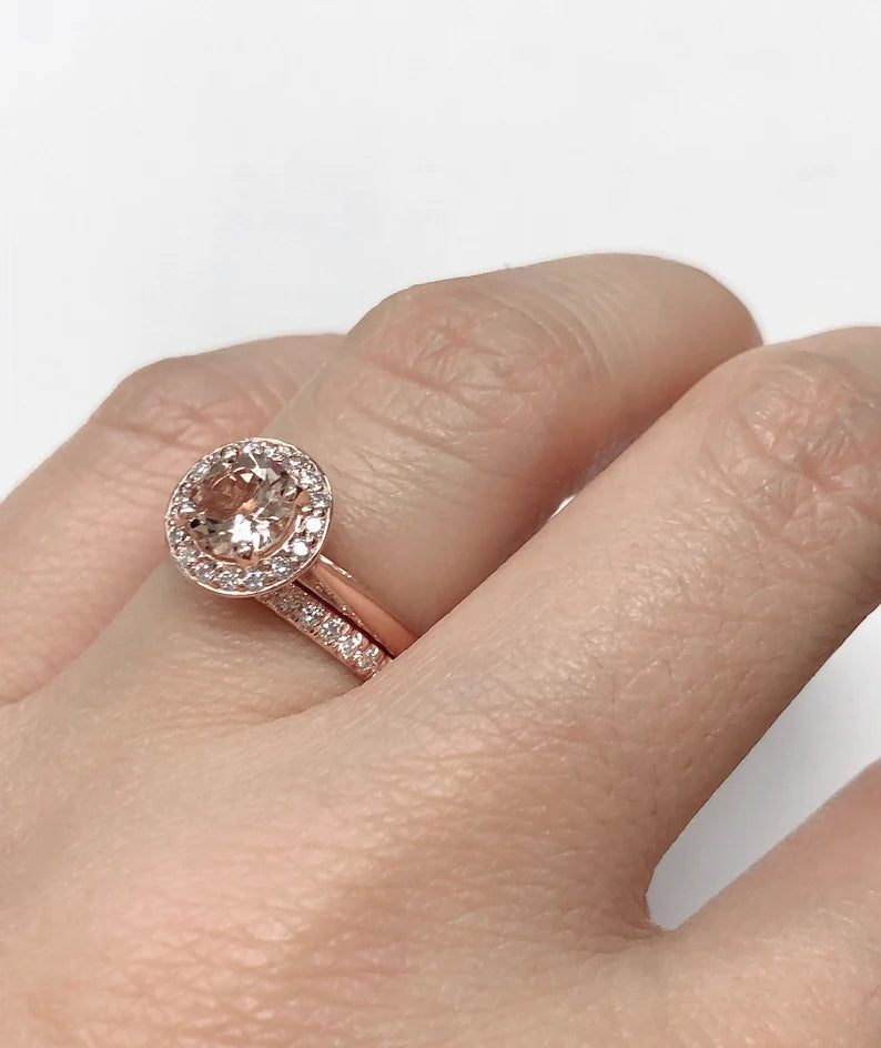 Morganite Engagement Ring Set Rose Gold, Morganite Round Engagement Ring, 14k Rose Gold Morganite Bridal Set, Morganite Ring Set, Diamond Set