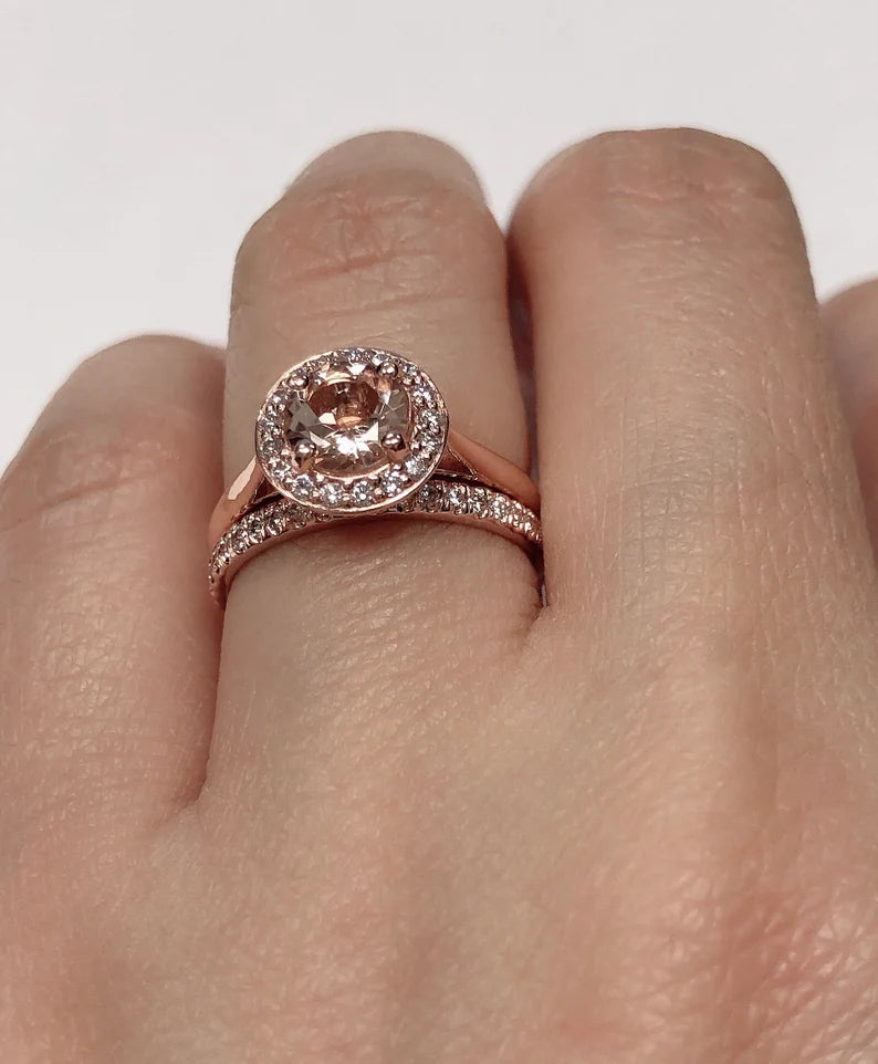 Morganite Engagement Ring Set Rose Gold, Morganite Round Engagement Ring, 14k Rose Gold Morganite Bridal Set, Morganite Ring Set, Diamond Set