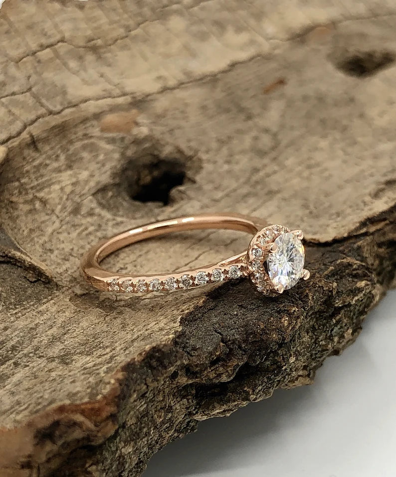 0.50 CT Round Cut Engagement Ring in 14k Rose Gold, Forever One Moissanite Engagement Ring, Diamond Halo Wedding Ring, Anniversary Ring