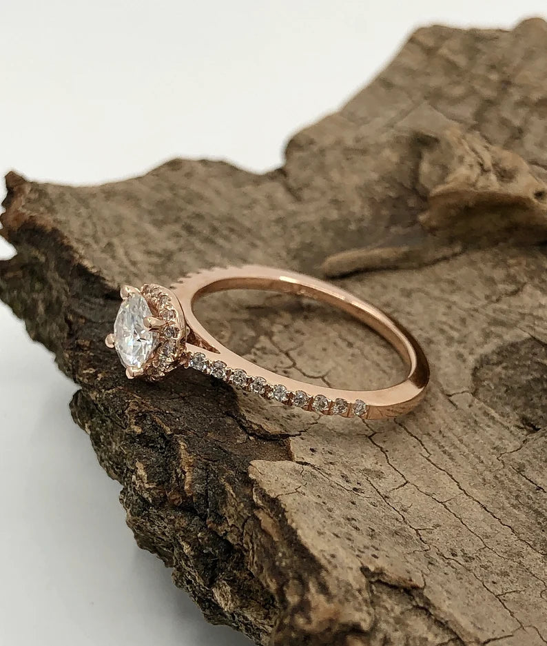 0.50 CT Round Cut Engagement Ring in 14k Rose Gold, Forever One Moissanite Engagement Ring, Diamond Halo Wedding Ring, Anniversary Ring