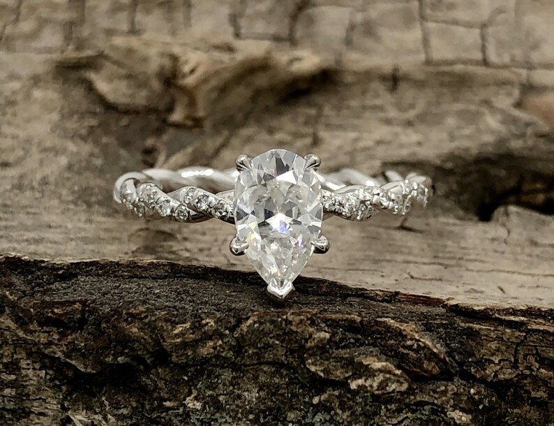 Engagement Ring 14k White Gold, Diamond Engagement Ring, Forever One Pear Moissanite, Diamond Wedding Ring, Anniversary Ring