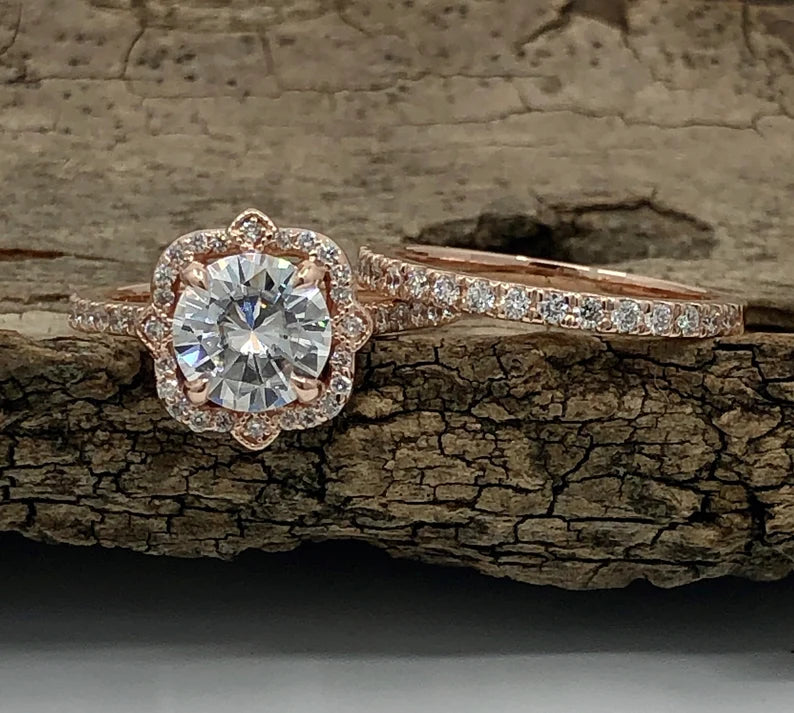 Rose Gold Bridal Set In 14k, Round Cut Engagement Set, Diamond Halo Wedding Set, Forever One Moissanite Bridal Set, Diamond Wedding Set