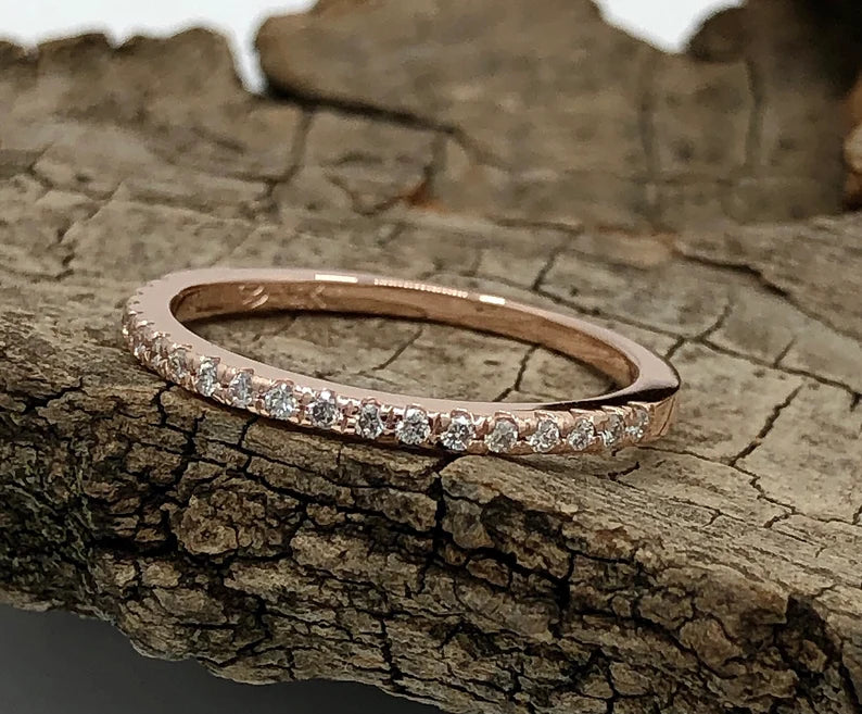 14k Rose Gold Half Eternity Diamond Band, Stackable Diamond Matching Wedding Band