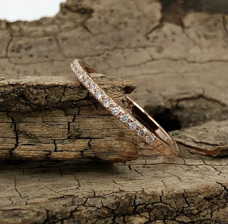 14k Rose Gold Half Eternity Diamond Band, Stackable Diamond Matching Wedding Band