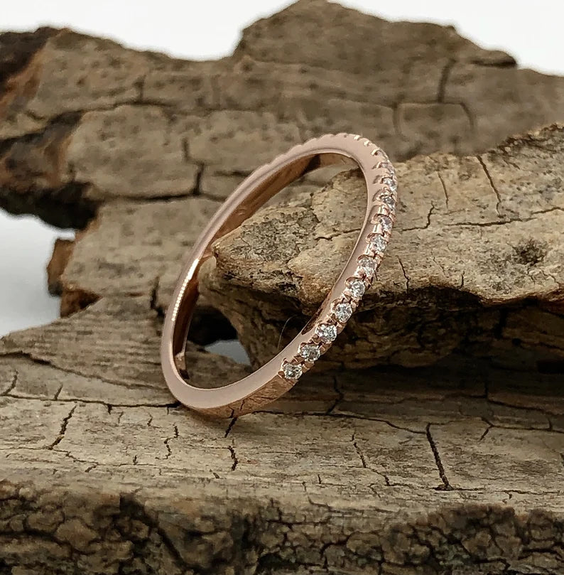 14k Rose Gold Half Eternity Diamond Band, Stackable Diamond Matching Wedding Band