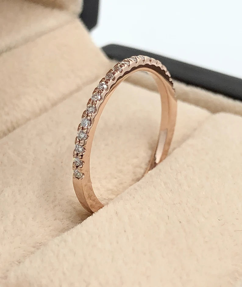 14k Rose Gold Half Eternity Diamond Band, Stackable Diamond Matching Wedding Band