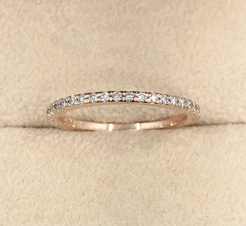 14k Rose Gold Half Eternity Diamond Band, Stackable Diamond Matching Wedding Band