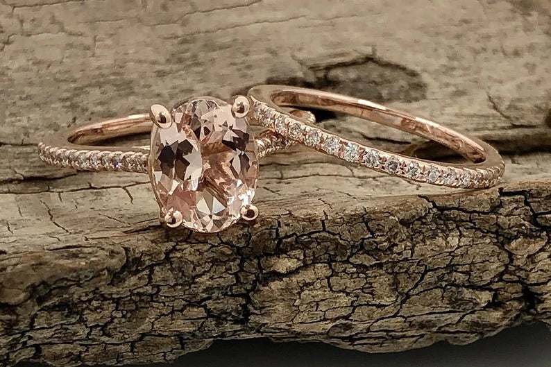 Rose Gold Morganite Oval Cut Wedding Set, Oval Morganite Engagement Ring, Morganite Wedding Set, Morganite Engagement Ring Set, Diamond Ring