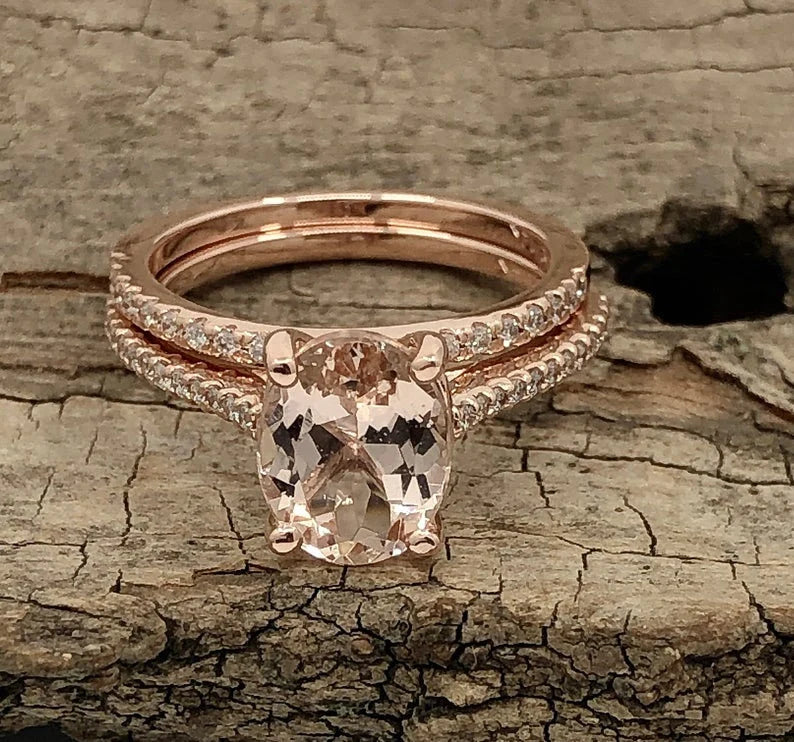 Rose Gold Morganite Oval Cut Wedding Set, Oval Morganite Engagement Ring, Morganite Wedding Set, Morganite Engagement Ring Set, Diamond Ring