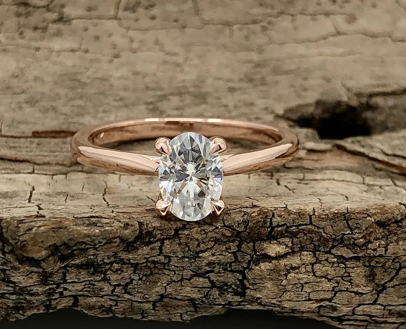 1 CT Oval Engagement Ring 14k Rose Gold, Oval Solitaire Ring, Forever One Moissanite Ring, Oval Cut D-F Color Moissanite Anniversary Ring