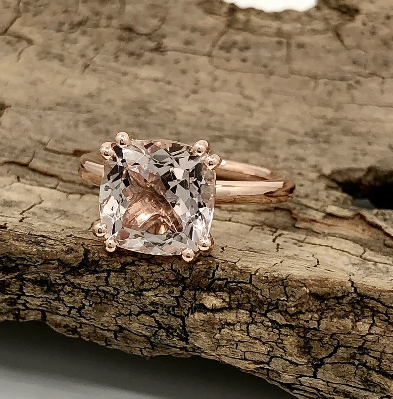 Solitaire Ring 14k Rose Gold Engagement Ring Morganite Ring 9mm Cushion Cut Morganite Anniversary Ring