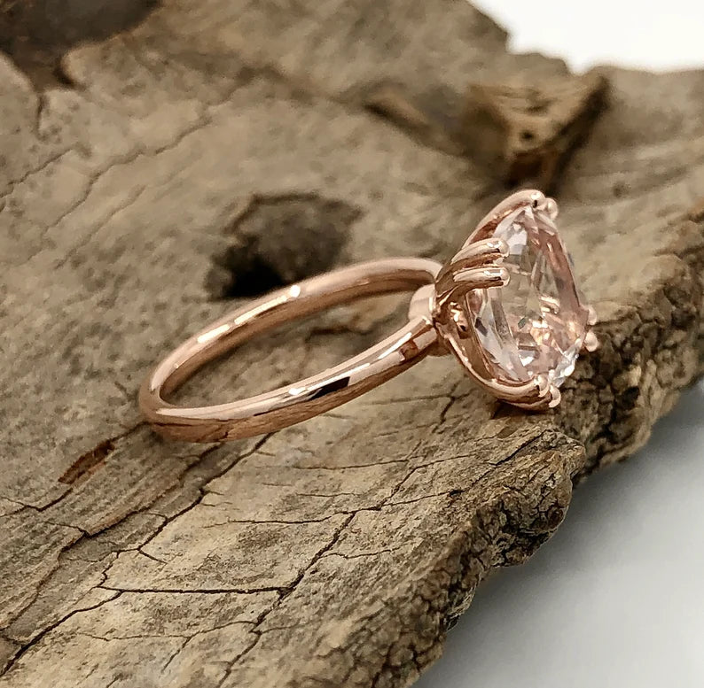 Solitaire Ring 14k Rose Gold Engagement Ring Morganite Ring 9mm Cushion Cut Morganite Anniversary Ring