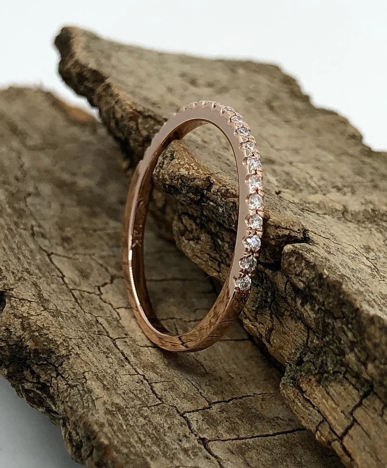 14k Rose Gold Half Eternity Diamond Band, Stackable Diamond Matching Wedding Band