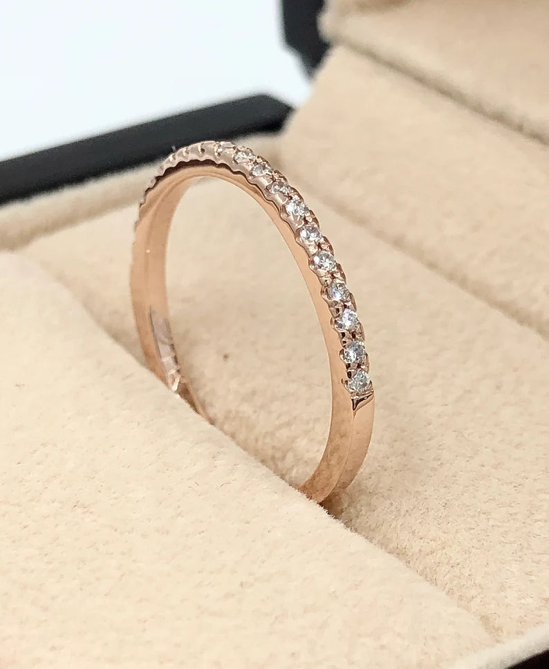 14k Rose Gold Half Eternity Diamond Band, Stackable Diamond Matching Wedding Band