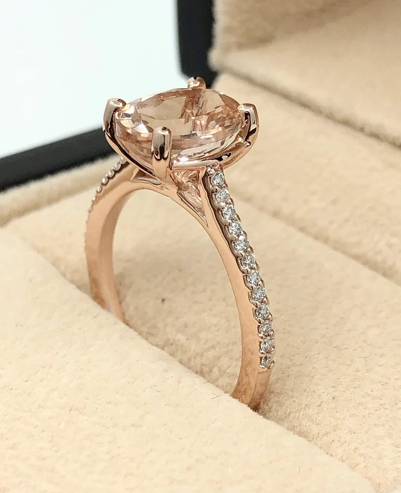 Oval Engagement Ring 14k Rose Gold Morganite Ring Solitaire Ring 9x7mm/1.70 Carats Oval Cut Morganite Diamond Wedding Ring