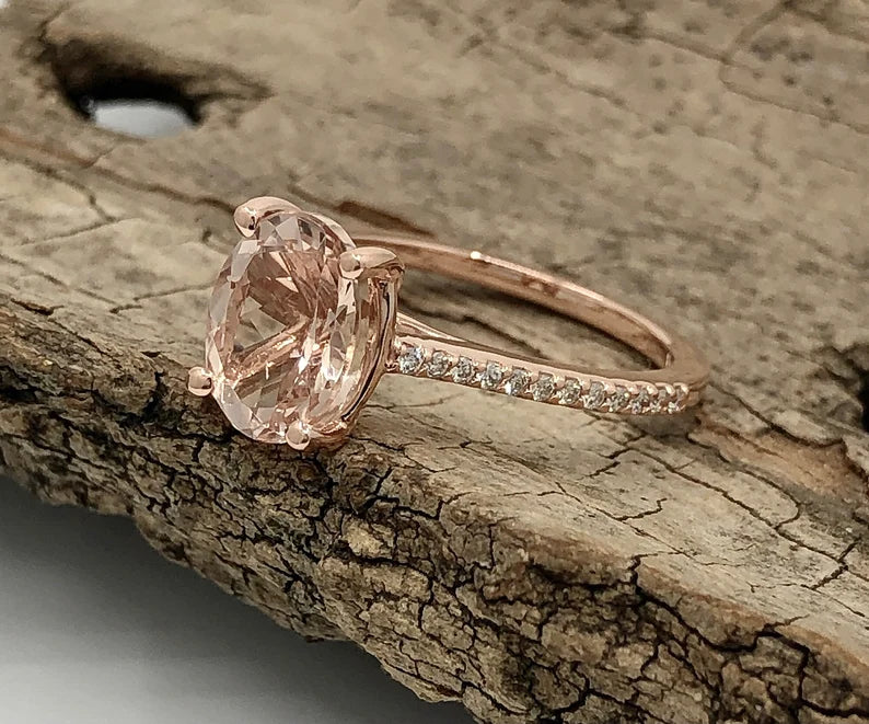 Oval Engagement Ring 14k Rose Gold Morganite Ring Solitaire Ring 9x7mm/1.70 Carats Oval Cut Morganite Diamond Wedding Ring