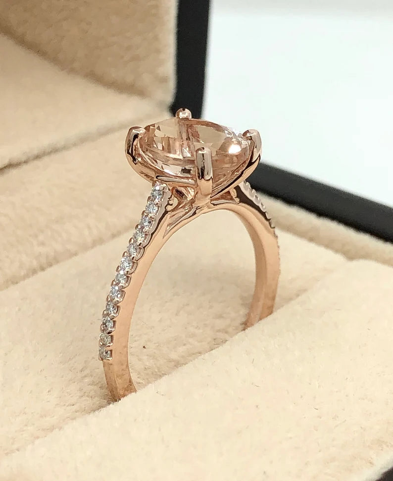 Oval Engagement Ring 14k Rose Gold Morganite Ring Solitaire Ring 9x7mm/1.70 Carats Oval Cut Morganite Diamond Wedding Ring