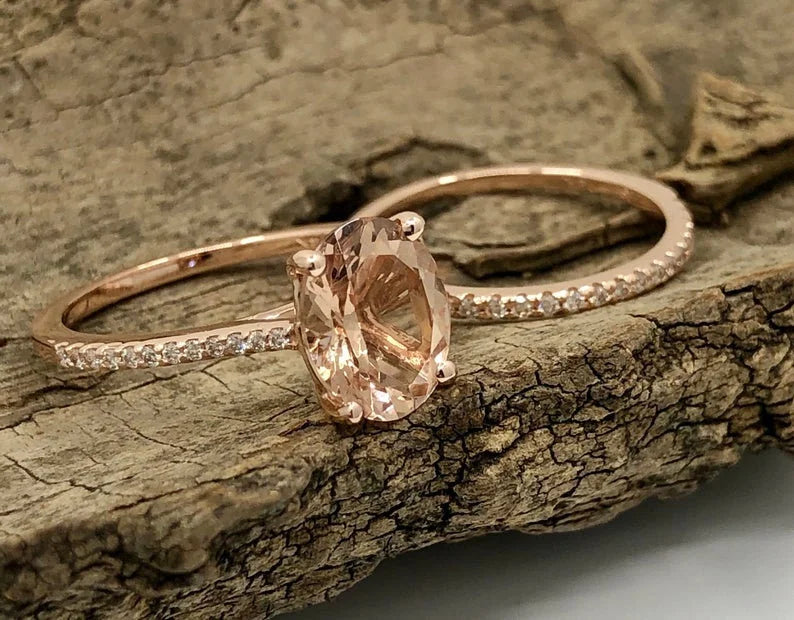 Oval Morganite Engagement Ring Rose Gold, Oval Cut Morganite Bridal Set, Morganite Ring, Morganite Bridal Set, Diamond Wedding Set