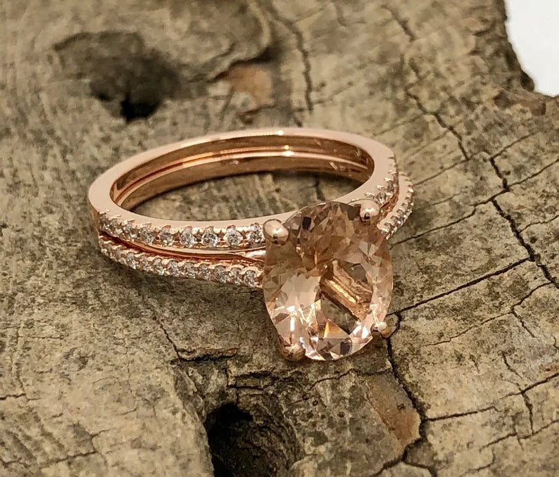 Oval Morganite Engagement Ring Rose Gold, Oval Cut Morganite Bridal Set, Morganite Ring, Morganite Bridal Set, Diamond Wedding Set