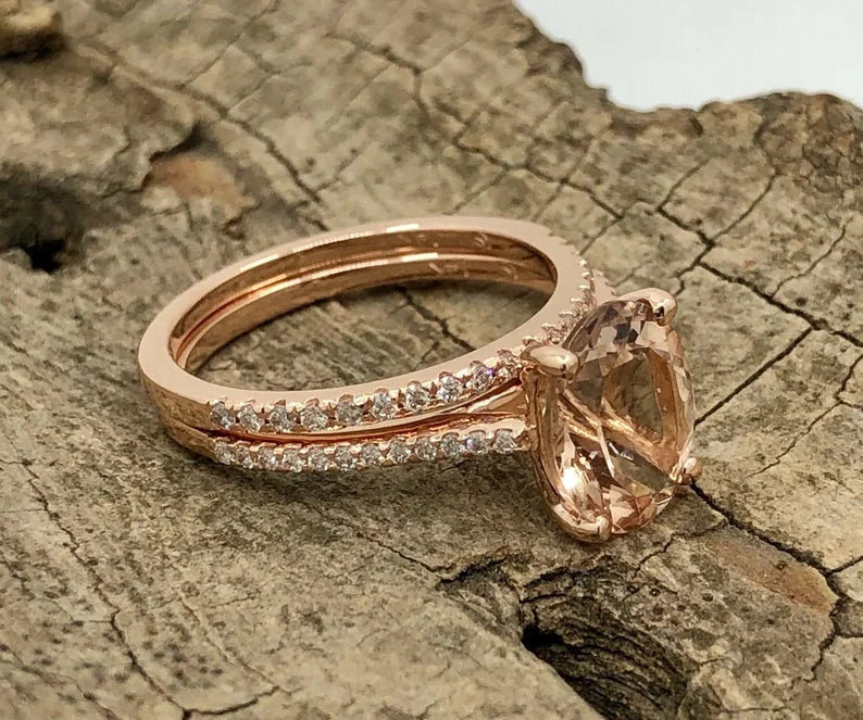 Oval Morganite Engagement Ring Rose Gold, Oval Cut Morganite Bridal Set, Morganite Ring, Morganite Bridal Set, Diamond Wedding Set