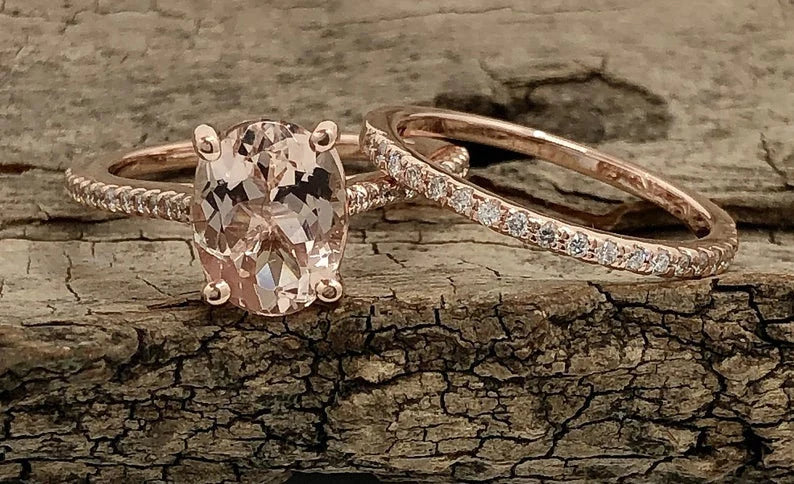 Rose Gold Morganite Oval Cut Wedding Set, Oval Morganite Engagement Ring, Morganite Wedding Set, Morganite Engagement Ring Set, Diamond Ring