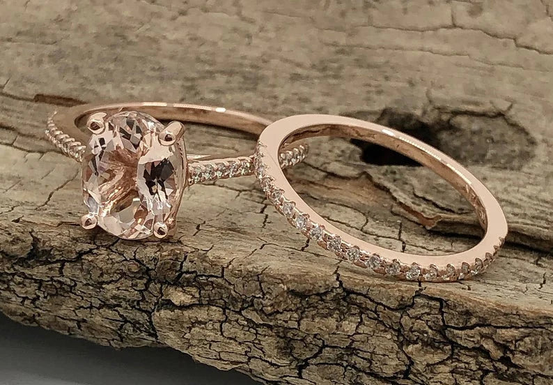 Rose Gold Morganite Oval Cut Wedding Set, Oval Morganite Engagement Ring, Morganite Wedding Set, Morganite Engagement Ring Set, Diamond Ring